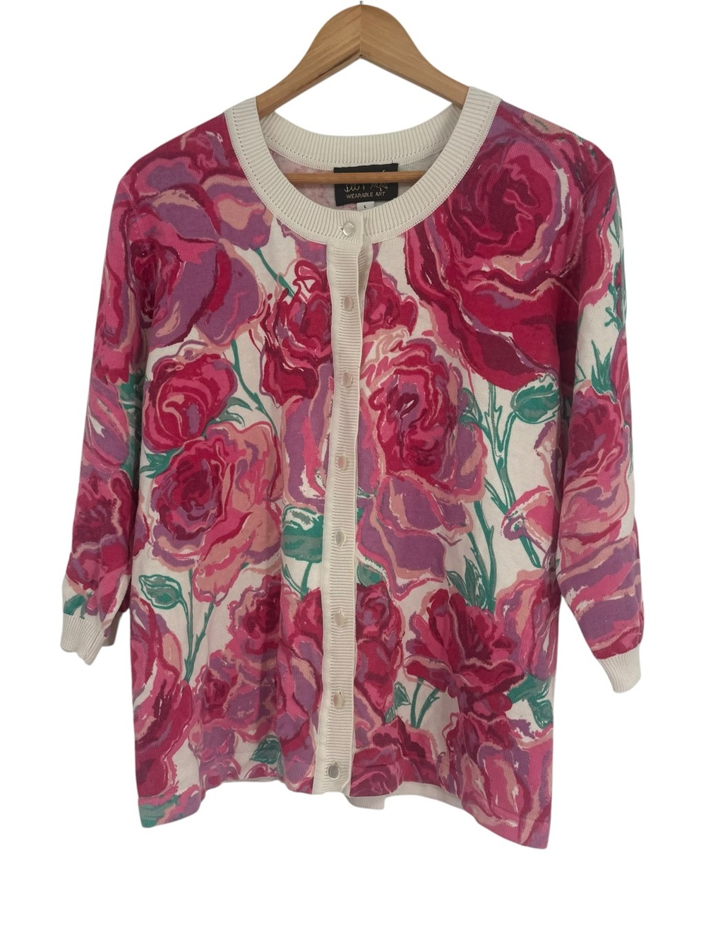 Bob Mackie Floral Cardigan Sweater Wearable Art Pink Roses Button up Size L